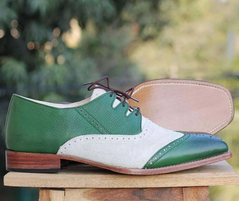 Handmade Green Wing tip Leather Shoe For Men's