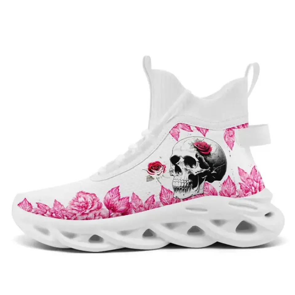 Personalized Skull with Floral Sneakers, Custom Skeleton Shoes, Light-Weight Shoes, Glow at Night